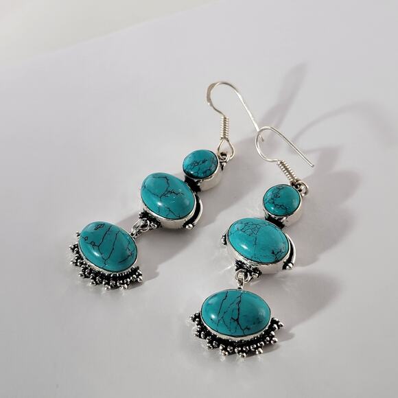 Turquoise Colored Gemstone Sterling Silver Dangle Earrings - Picture 7 of 10